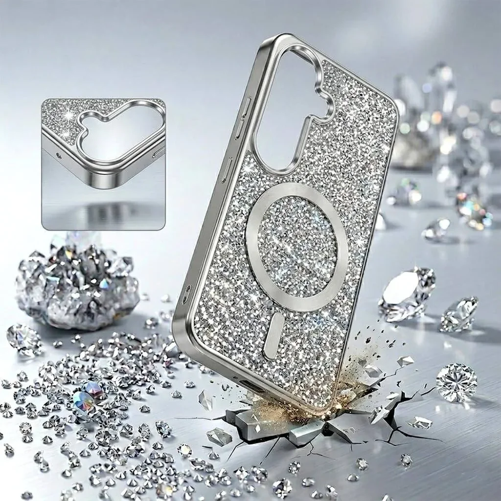 CROWNYX GlamAura Glitter Case for Samsung S25, Magsafe Compatible, Bling Sparkle Shockproof Phone, Bumper Cover, Silver | SAMS25-MGSF-GA-SIL - Image 4
