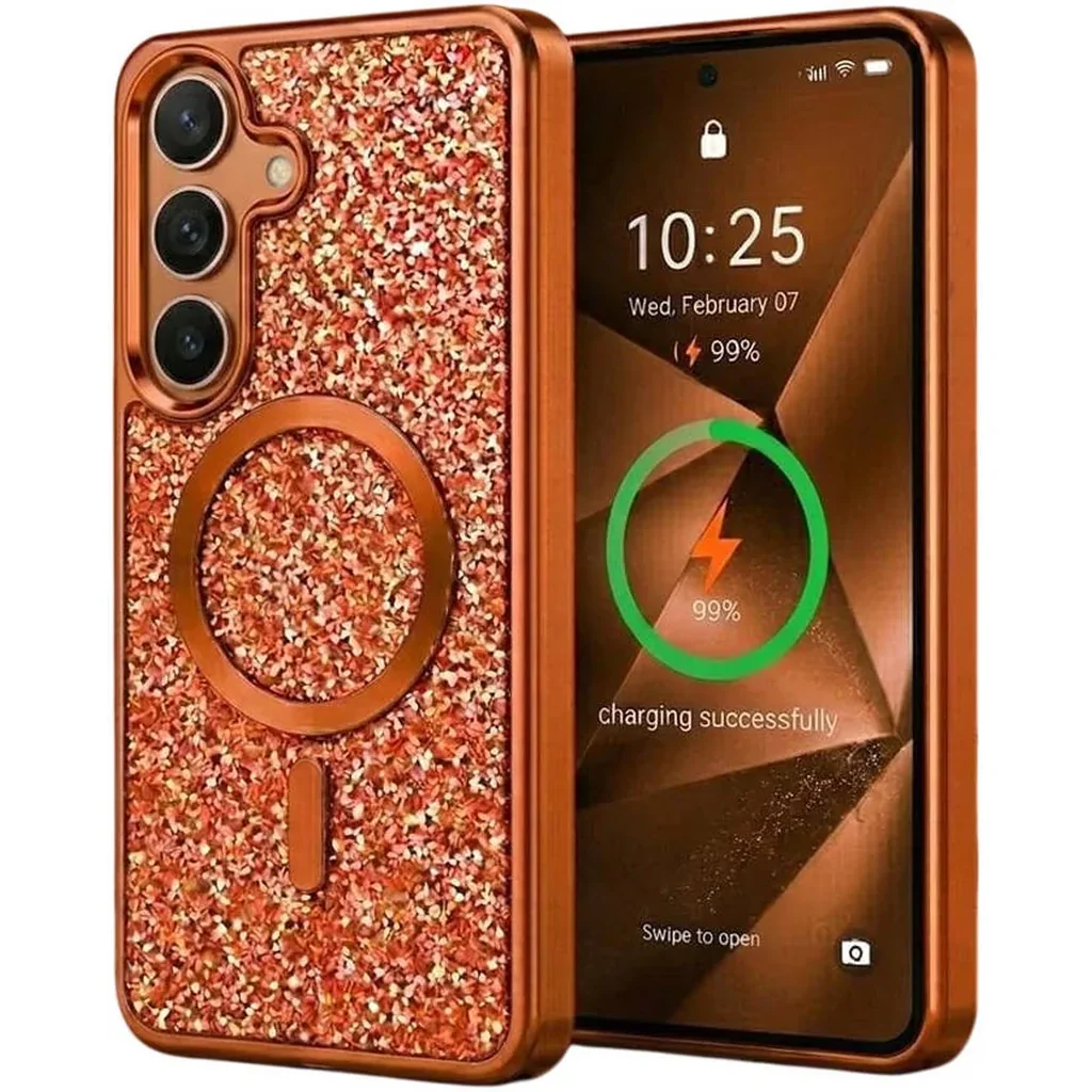 CROWNYX GlamAura Glitter Case for Samsung S25, Magsafe Compatible, Bling Sparkle Shockproof Phone, Bumper Cover, Orange | SAM25-MGSF-GA-ORG