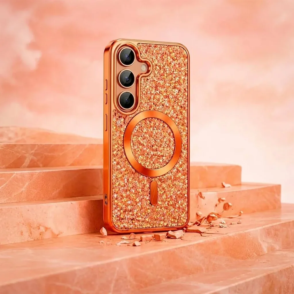 CROWNYX GlamAura Glitter Case for Samsung S25, Magsafe Compatible, Bling Sparkle Shockproof Phone, Bumper Cover, Orange | SAM25-MGSF-GA-ORG - Image 3