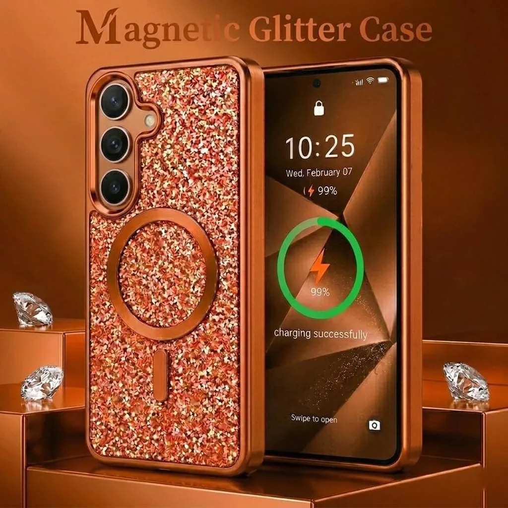 CROWNYX GlamAura Glitter Case for Samsung S25, Magsafe Compatible, Bling Sparkle Shockproof Phone, Bumper Cover, Orange | SAM25-MGSF-GA-ORG - Image 4
