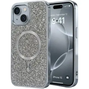 CROWNYX GlamAura Glitter Case for Iphone 14 Plus or 15 Plus, Magsafe Compatible, Bling Sparkle Shockproof Phone, Bumper Cover, Silver | IP14PL15PL-MGSF-GA-SIL
