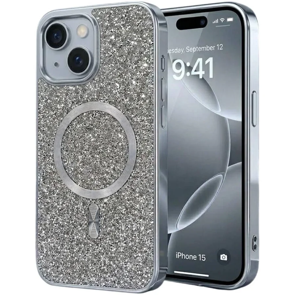 CROWNYX GlamAura Glitter Case for Iphone 14 Plus or 15 Plus, Magsafe Compatible, Bling Sparkle Shockproof Phone, Bumper Cover, Silver | IP14PL15PL-MGSF-GA-SIL
