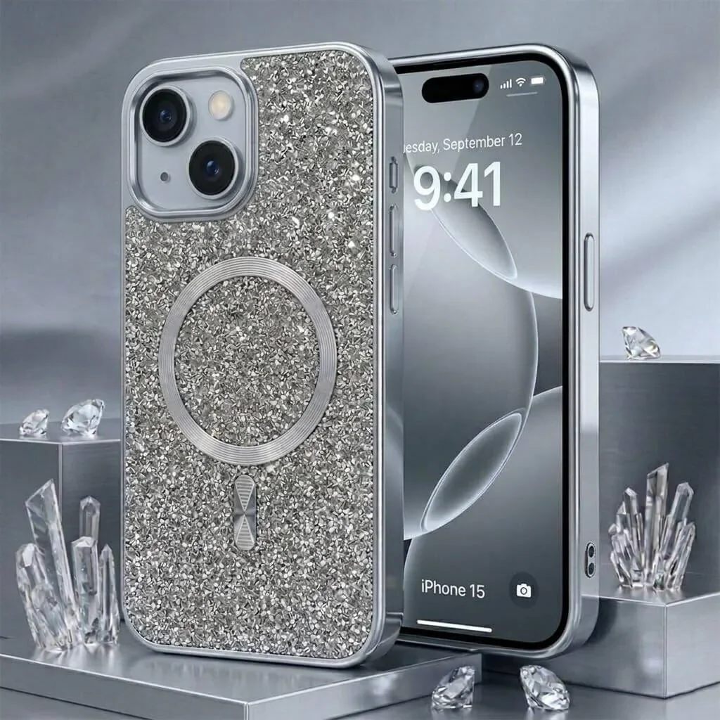 CROWNYX GlamAura Glitter Case for Iphone 14 Plus or 15 Plus, Magsafe Compatible, Bling Sparkle Shockproof Phone, Bumper Cover, Silver | IP14PL15PL-MGSF-GA-SIL - Image 3