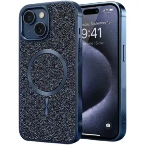 CROWNYX GlamAura Glitter Case for Iphone 14 Plus or 15 Plus, Magsafe Compatible, Bling Sparkle Shockproof Phone, Bumper Cover, Blue | IP14PL15PL-MGSF-GA-BLU