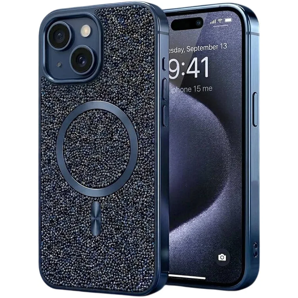 CROWNYX GlamAura Glitter Case for Iphone 14 Plus or 15 Plus, Magsafe Compatible, Bling Sparkle Shockproof Phone, Bumper Cover, Blue | IP14PL15PL-MGSF-GA-BLU