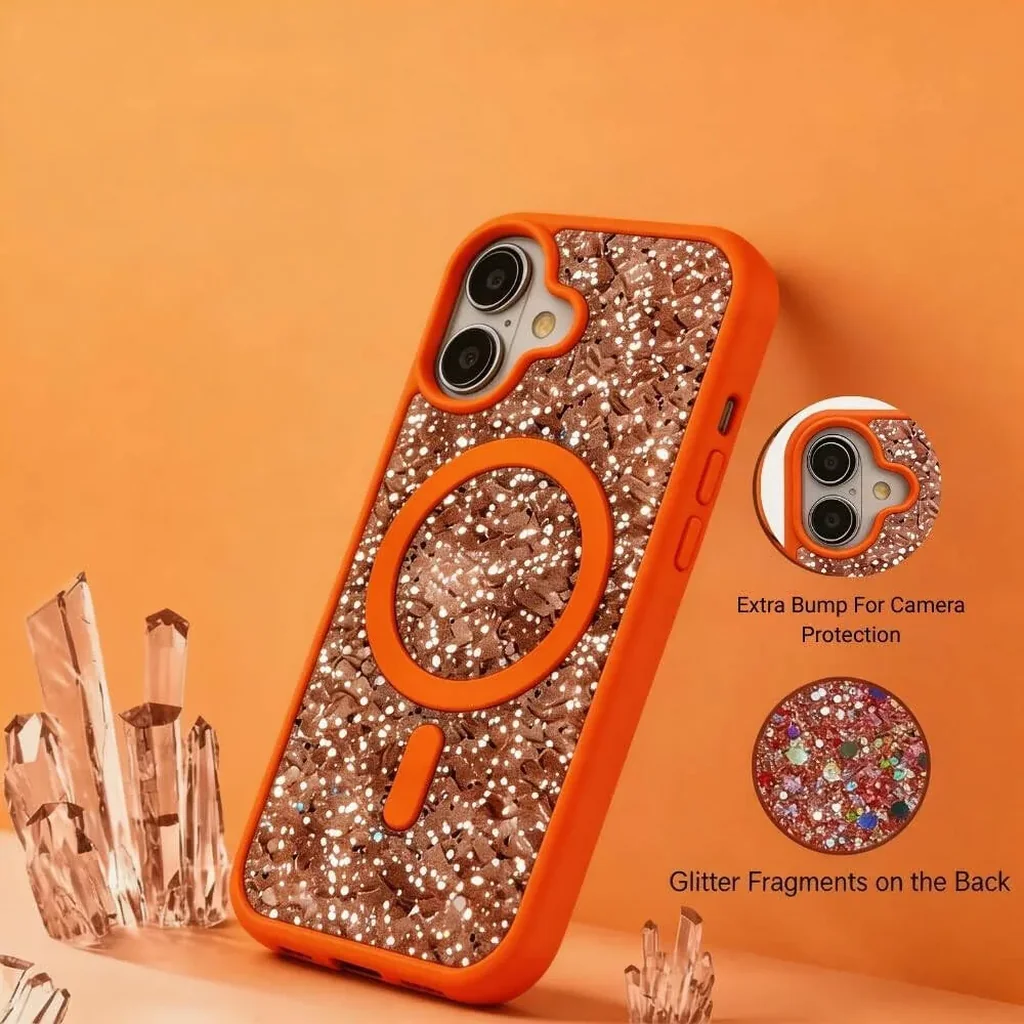 CROWNYX GlamAura Glitter Case for Iphone 16 Plus, Magsafe Compatible, Bling Sparkle Shockproof Phone, Bumper Cover, Orange | IP16PL-MGSF-GA-ORG - Image 4
