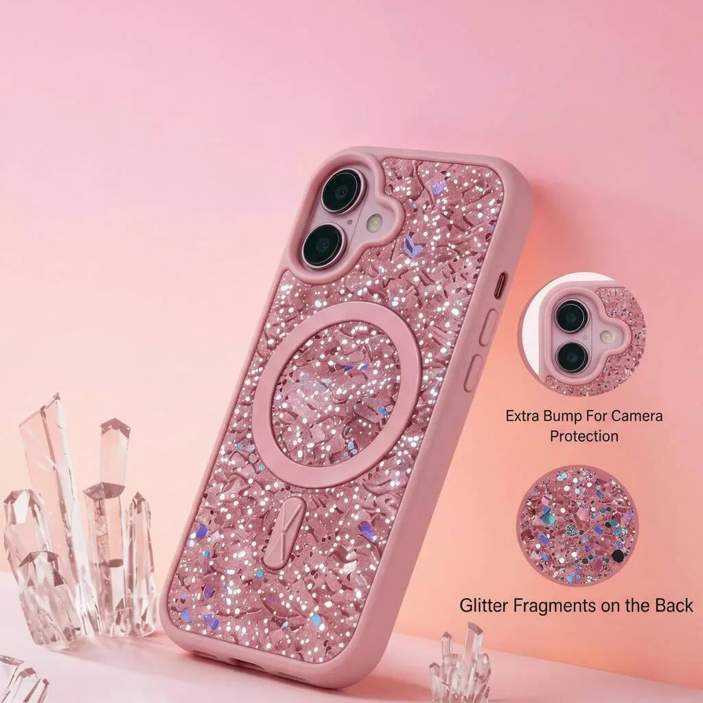 CROWNYX GlamAura Glitter Case for Iphone 16 Plus, Magsafe Compatible, Bling Sparkle Shockproof Phone, Bumper Cover, Pink | IP16PL-MGSF-GA-PNK - Image 3