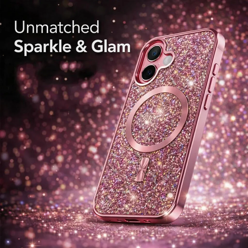 CROWNYX GlamAura Glitter Case for Iphone 16 Plus, Magsafe Compatible, Bling Sparkle Shockproof Phone, Bumper Cover, Pink | IP16PL-MGSF-GA-PNK - Image 4