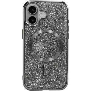 CROWNYX GlamAura Glitter Case for Iphone 16 Plus, Magsafe Compatible, Bling Sparkle Shockproof Phone, Bumper Cover, Silver | IP16PL-MGSF-GA-SIL