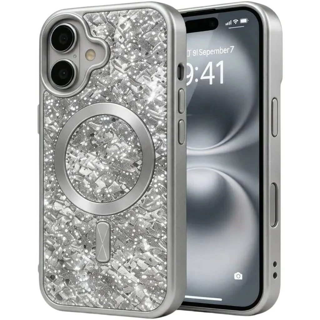 CROWNYX GlamAura Glitter Case for Iphone 16 Plus, Magsafe Compatible, Bling Sparkle Shockproof Phone, Bumper Cover, Silver | IP16PL-MGSF-GA-SIL - Image 3