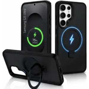 CROWNYX Aegis GripStand Pro Case for Samsung Galaxy S25 Ultra, Compatible with MagSafe, Shockproof Slim Hybrid TPU Cover with Kickstand & Grip Ring, Black | SAMS25UL-MGSF-AGSP-BLK