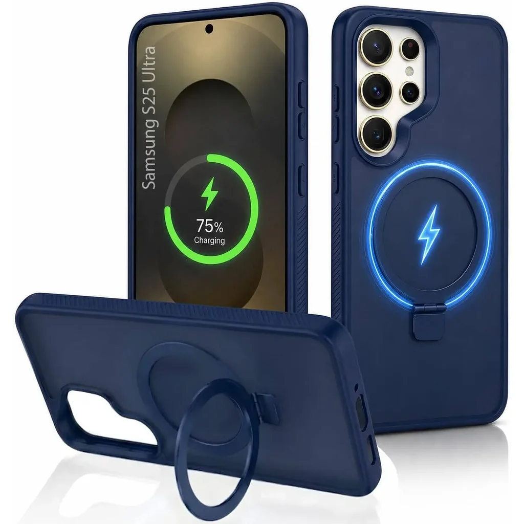 CROWNYX Aegis GripStand Pro Case for Samsung Galaxy S25 Ultra, Compatible with MagSafe, Shockproof Slim Hybrid TPU Cover with Kickstand & Grip Ring, Blue | SAMS25UL-MGSF-AGSP-BLU
