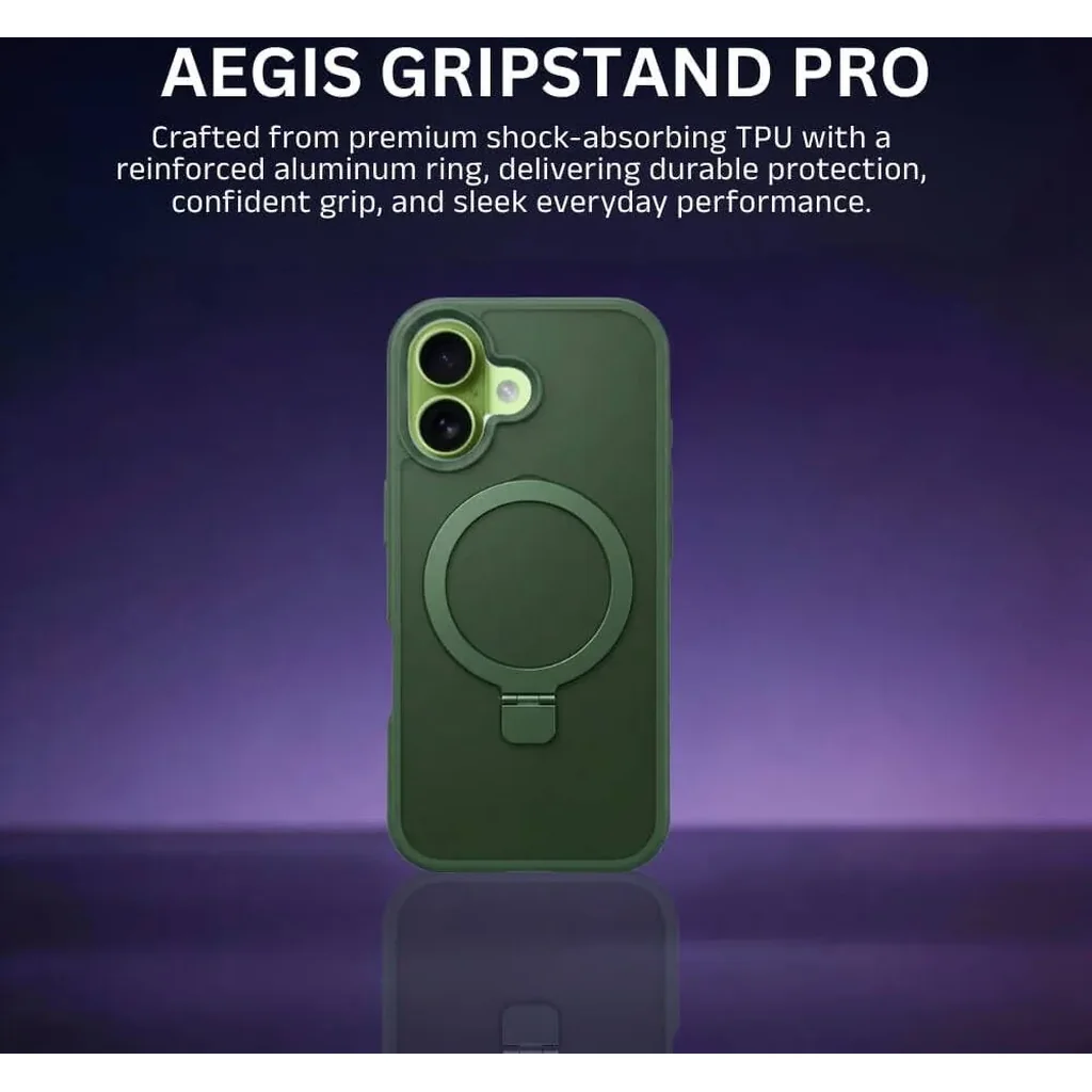 CROWNYX Aegis GripStand Pro Case for iPhone 17, Compatible with MagSafe, Shockproof, Slim Hybrid TPU Cover with Kickstand & Grip Ring, Green | IP17-MGSF-AGSP-GRN - Image 3