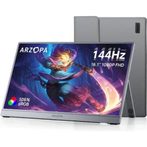 ARZOPA Portable Gaming Monitor, 16.1'' IPS Display, FHD Resolution, 144Hz Refresh Rate, Ultra Slim, Eye Care, External Second Screen for Laptop, PC, PS5, Mac, Xbox, Gray | Z1FC