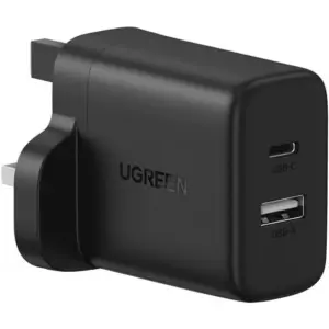 UGREEN Dual Port Wall Charger, 20W USB-C PD Fast Charger, USB-A & USB-C Dual Port Travel Adapter, Smart Safety Protection, UK Plug, Black | 45304