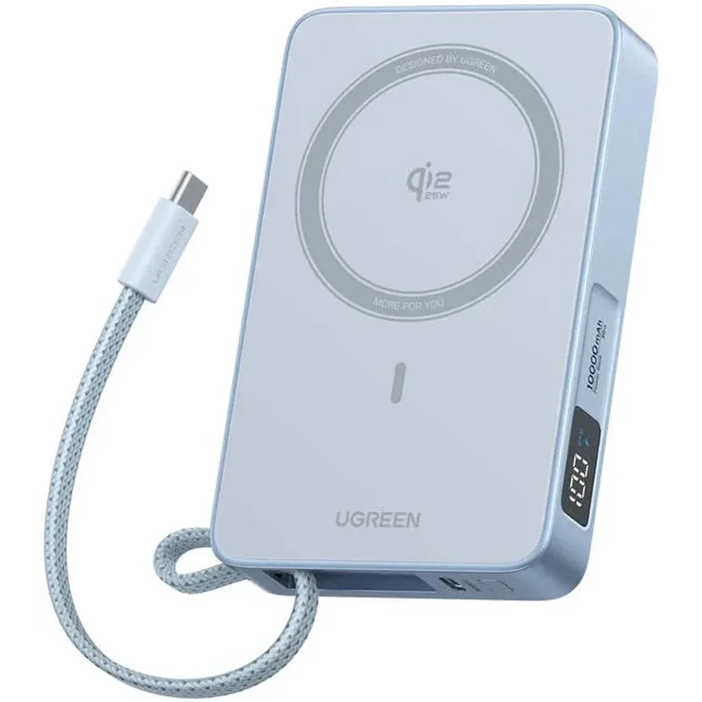 UGREEN MagFlow 10000mAh Magnetic Wireless Power Bank, Qi2 25W Fast Charging, Built-In USB-C Cable, 30W USB-C PD Output, Portable Battery Pack, Gray | 65958