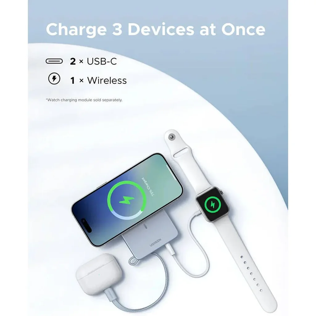 UGREEN MagFlow 10000mAh Magnetic Wireless Power Bank, Qi2 25W Fast Charging, Built-In USB-C Cable, 30W USB-C PD Output, Portable Battery Pack, Gray | 65958 - Image 3