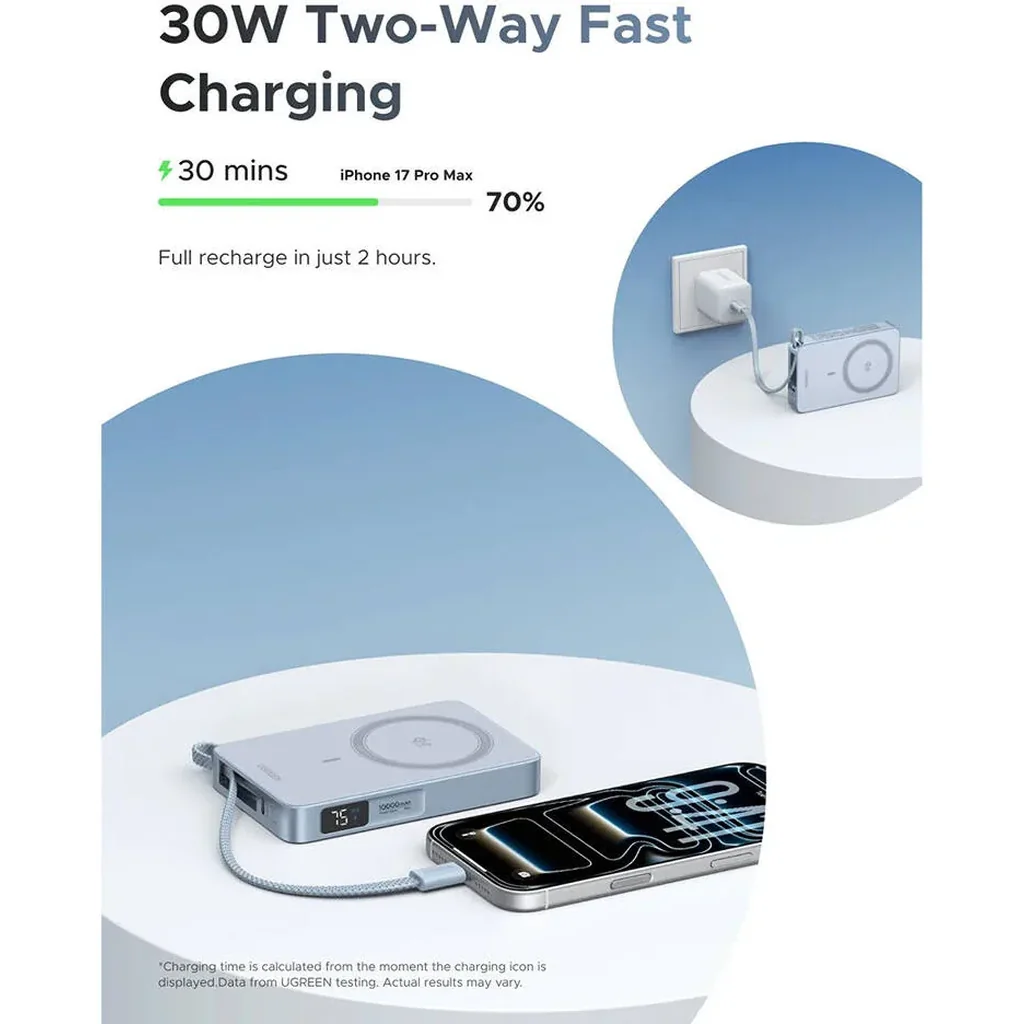 UGREEN MagFlow 10000mAh Magnetic Wireless Power Bank, Qi2 25W Fast Charging, Built-In USB-C Cable, 30W USB-C PD Output, Portable Battery Pack, Gray | 65958 - Image 6
