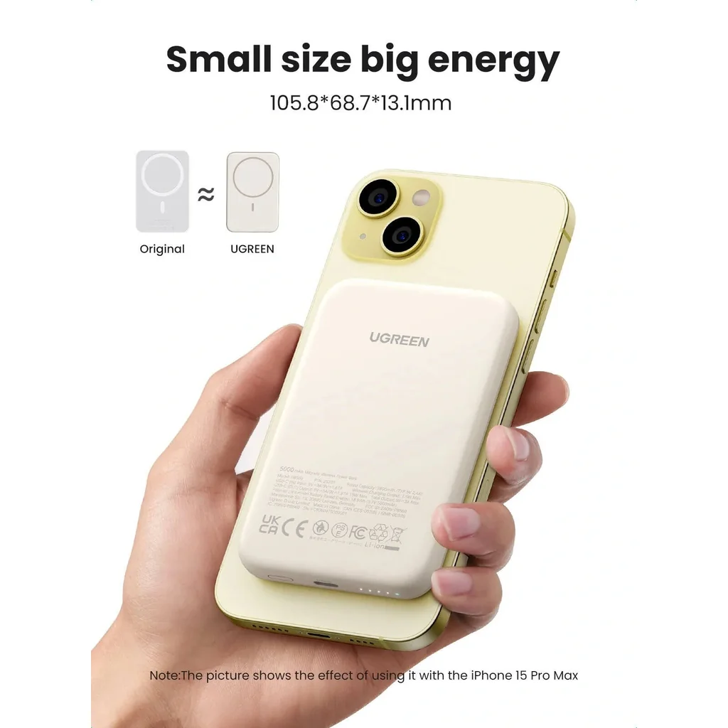 UGREEN 5000mAh Magnetic Wireless Power Bank, 15W USB-C Fast Charging, Slim Compact Magnetic Battery Pack, Portable Wireless Charger, Beige | 25207 - Image 6