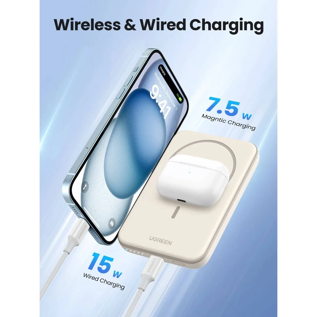 UGREEN 5000mAh Magnetic Wireless Power Bank, 15W USB-C Fast Charging, Slim Compact Magnetic Battery Pack, Portable Wireless Charger, Beige | 25207 - Image 7