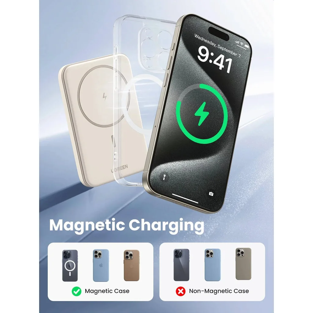 UGREEN 5000mAh Magnetic Wireless Power Bank, 15W USB-C Fast Charging, Slim Compact Magnetic Battery Pack, Portable Wireless Charger, Beige | 25207 - Image 8