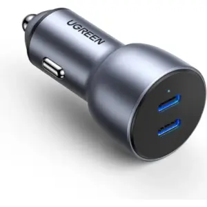 UGREEN 50W Dual Type-C Port PD Fast Car Charger, PD Fast Charging Adapter, Dual Type C Ports, Compact Car Charger for iPhone 16, Samsung Galaxy S25, iPad, Grey | CD213-70594
