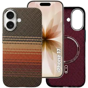 CROWNYX Carbon Fiber Case for iPhone 17, MagSafe Compatible, Ultra Slim Drop Resistant Cover, Anti-Slip, Anti-Scratch, Brown | IP17-MGSF-FBONE-BRN
