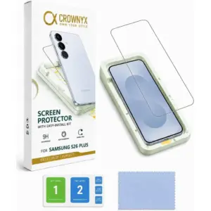 CROWNYX Clear Screen Protector for Samsung Galaxy S26 Plus, 9H Hardness, Military Grade Shatterproof, Black Edge Tempered Glass with Easy Installation Tool, Case-Friendly, HD Clear | SAM-S26PL-CSP
