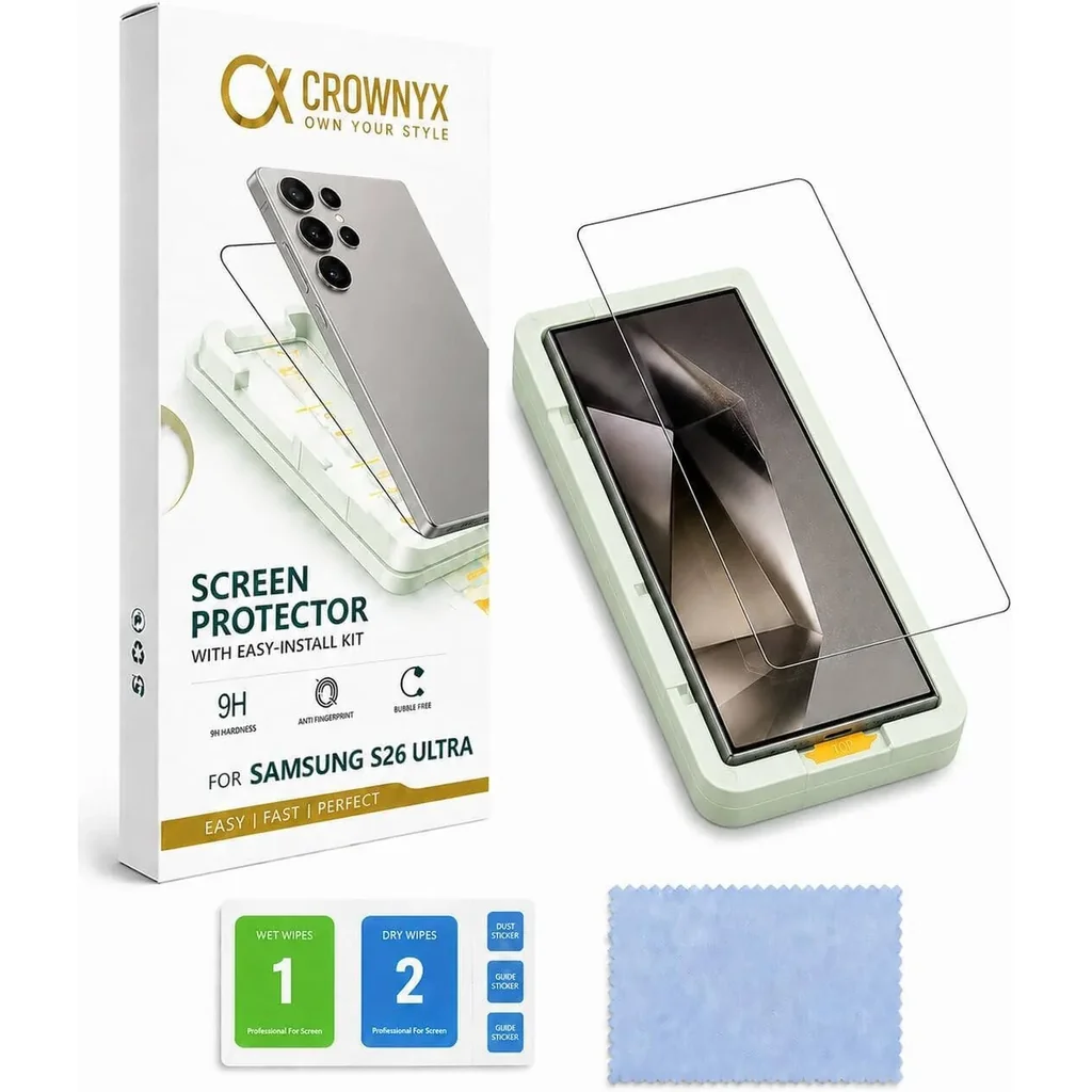 CROWNYX Clear Screen Protector for Samsung Galaxy S26 Ultra, 9H Hardness, Military Grade Shatterproof, Black Edge Tempered Glass with Easy Installation Tool, Case-Friendly, HD Clear | SAM-S26ULT-CSP