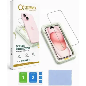 CROWNYX Clear Screen Protector for iPhone 15, 9H Hardness, Military Grade Shatterproof, Black Edge Tempered Glass with Easy Installation Tool, Case-Friendly, HD Clear | IP-15-CSP
