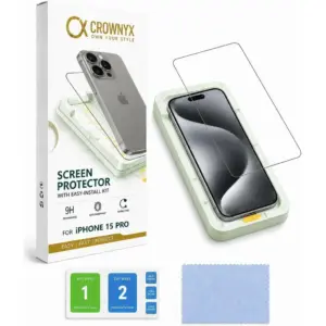 CROWNYX Clear Screen Protector for iPhone 15 Pro, 9H Hardness, Military Grade Shatterproof, Black Edge Tempered Glass with Easy Installation Tool, Case-Friendly, HD Clear | IP-15P-CSP