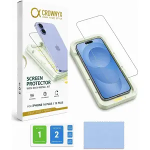 CROWNYX Clear Screen Protector for iPhone 15 Plus or 16 Plus, 9H Hardness, Military Grade Shatterproof, Black Edge with Easy Installation Tool, Case-Friendly, HD Clear | IP-16PL-15PL-CSP