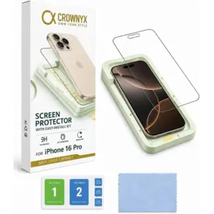 CROWNYX Clear Screen Protector for iPhone 16 Pro, 9H Hardness, Military Grade Shatterproof, Black Edge Tempered Glass with Easy Installation Tool, Case-Friendly, HD Clear | IP-16P-CSP