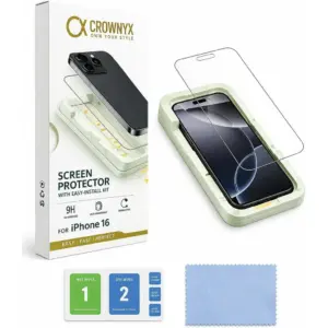 CROWNYX Clear Screen Protector for iPhone 16, 9H Hardness, Military Grade Shatterproof, Black Edge Tempered Glass with Easy Installation Tool, Case-Friendly, HD Clear | IP-16-CSP