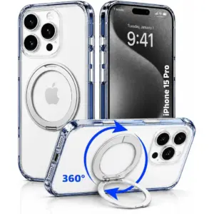 CROWNYX Crystal Spin Case for iPhone 15 Pro, 360 Degree Spin Ring Stand, Magsafe Compatible, Military Grade Protection, Anti Yellowing, Transparent Back, Scratch Resistant | IP15P-MGSF-CSP