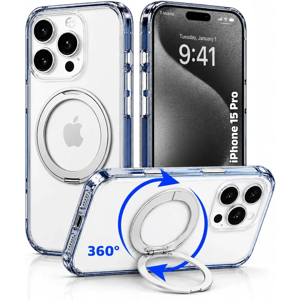 CROWNYX Crystal Spin Case for iPhone 15 Pro, 360 Degree Spin Ring Stand, Magsafe Compatible, Military Grade Protection, Anti Yellowing, Transparent Back, Scratch Resistant | IP15P-MGSF-CSP