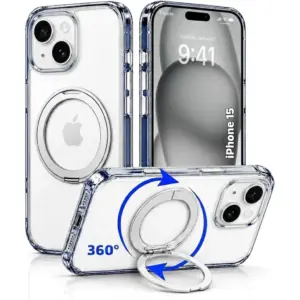 CROWNYX Crystal Spin Case for iPhone 15, 360 Degree Spin Ring Stand, Magsafe Compatible, Military Grade Protection, Anti Yellowing, Transparent Back, Scratch Resistant | IP15-MGSF-CSP