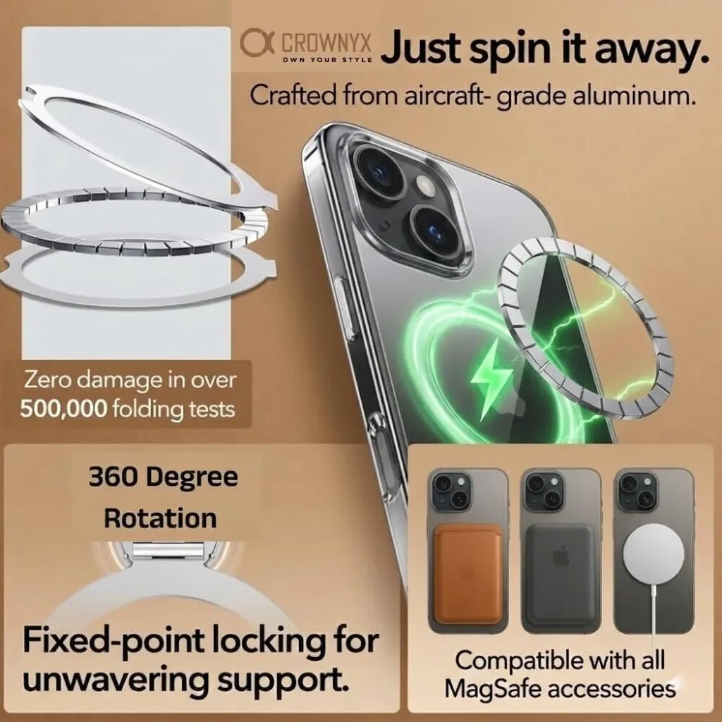 CROWNYX Crystal Spin Case for iPhone 15, 360 Degree Spin Ring Stand, Magsafe Compatible, Military Grade Protection, Anti Yellowing, Transparent Back, Scratch Resistant | IP15-MGSF-CSP - Image 4