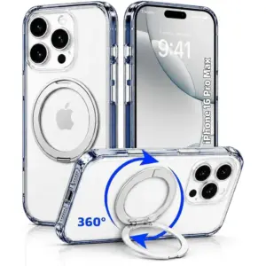 CROWNYX Crystal Spin Case for iPhone 16 Pro Max, 360 Degree Spin Ring Stand, Magsafe Compatible, Military Grade Protection, Anti Yellowing, Transparent Back, Scratch Resistant | IP16PM-MGSF-CSP