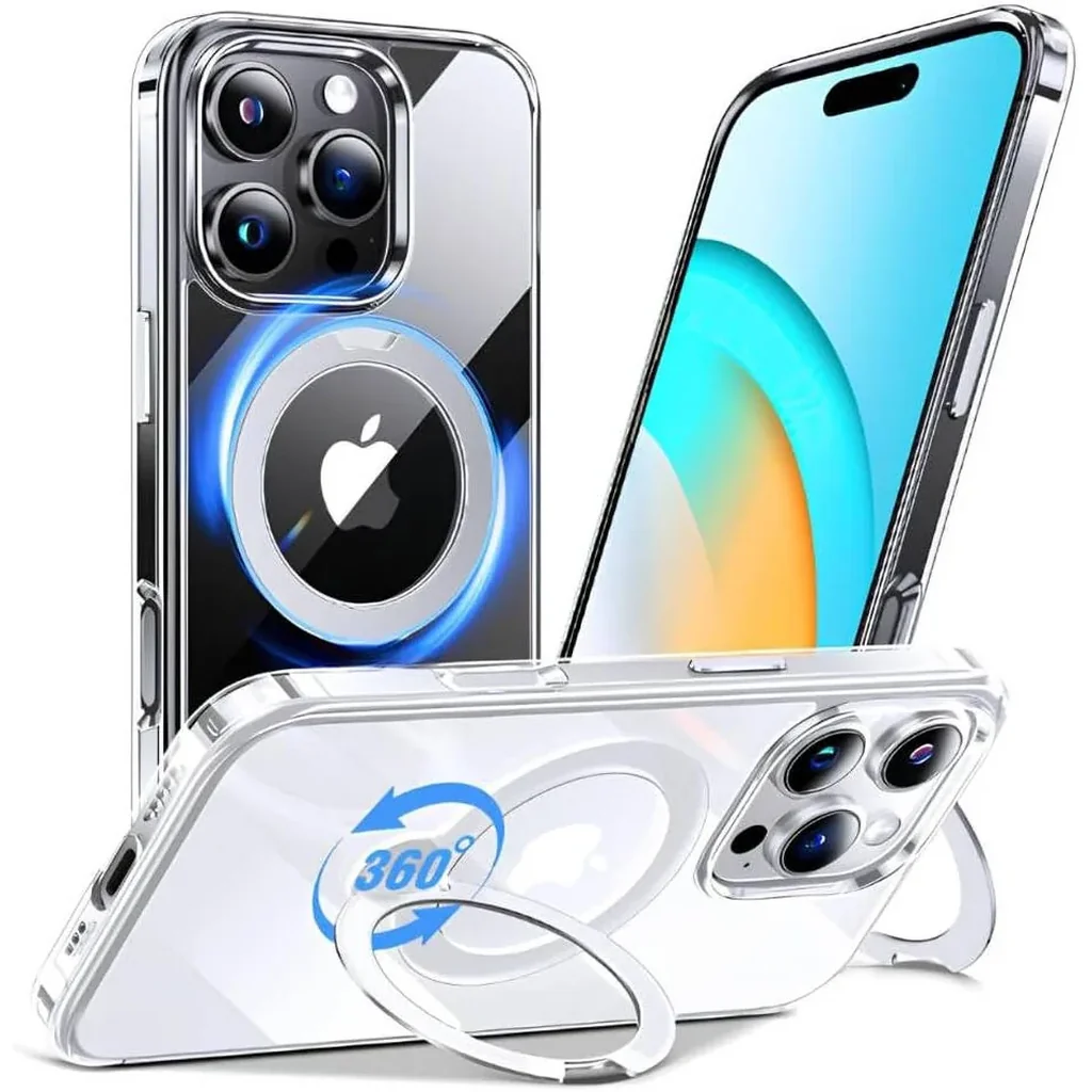 CROWNYX Crystal Spin Case for iPhone 16 Pro, 360 Degree Spin Ring Stand, Magsafe Compatible, Military Grade Protection, Anti Yellowing, Transparent Back, Scratch Resistant | IP16P-MGSF-CSP