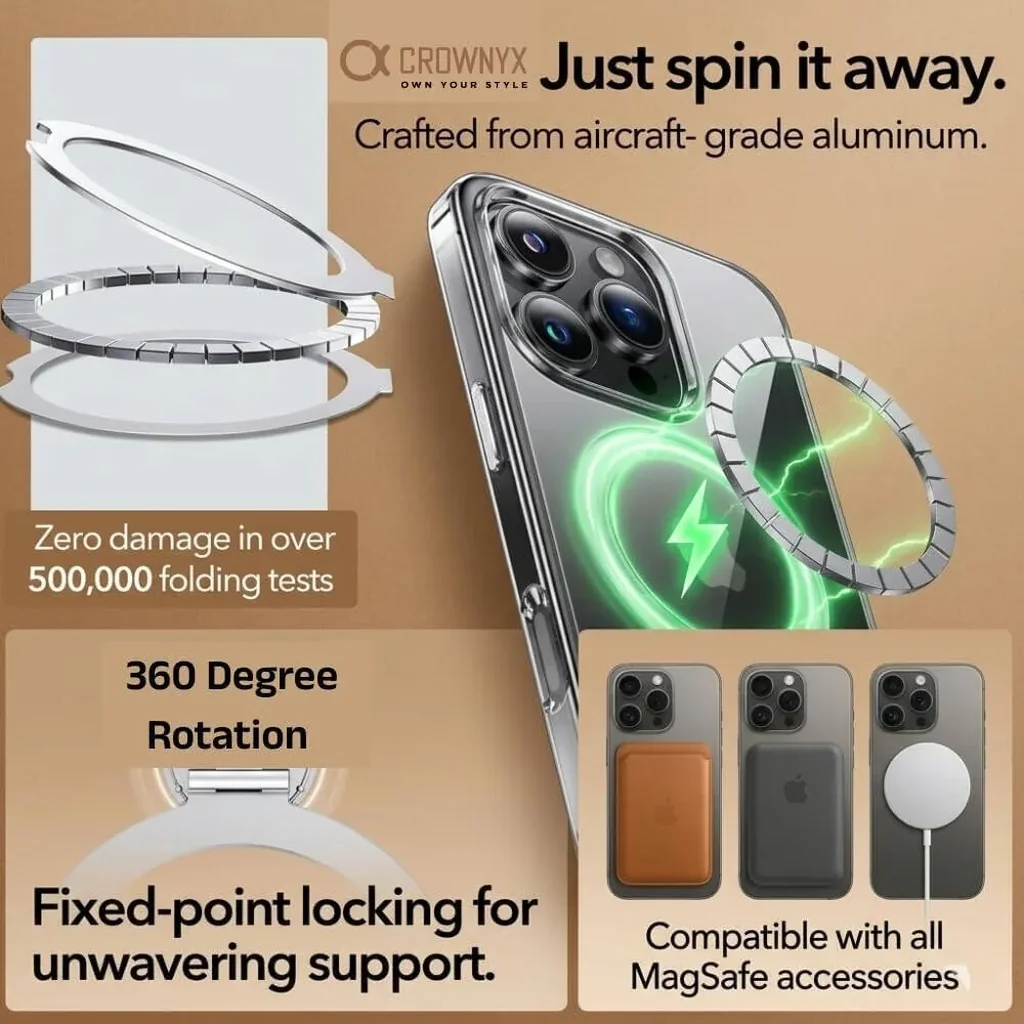 CROWNYX Crystal Spin Case for iPhone 16 Pro, 360 Degree Spin Ring Stand, Magsafe Compatible, Military Grade Protection, Anti Yellowing, Transparent Back, Scratch Resistant | IP16P-MGSF-CSP - Image 4