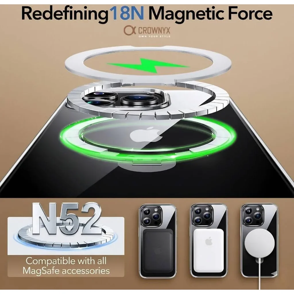 CROWNYX Crystal Spin Case for iPhone 16 Pro, 360 Degree Spin Ring Stand, Magsafe Compatible, Military Grade Protection, Anti Yellowing, Transparent Back, Scratch Resistant | IP16P-MGSF-CSP - Image 5