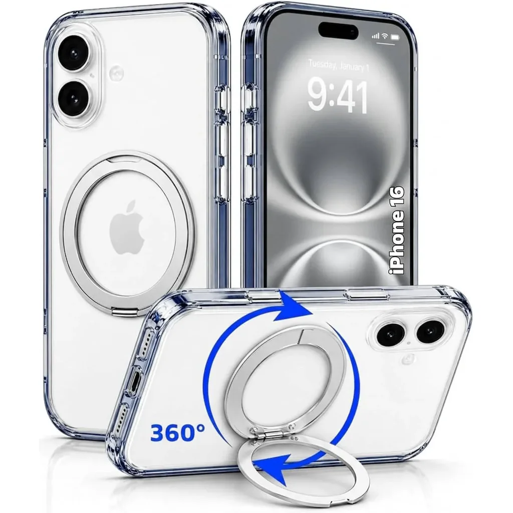 CROWNYX Crystal Spin Case for iPhone 16, 360 Degree Spin Ring Stand, Magsafe Compatible, Military Grade Protection, Anti Yellowing, Transparent Back, Scratch Resistant | IP16-MGSF-CSP