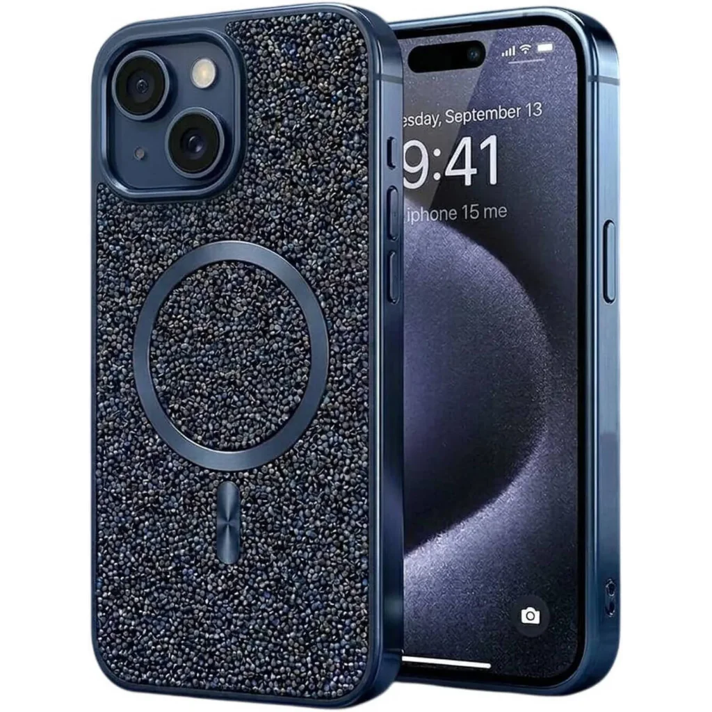 CROWNYX GlamAura Glitter Case for Iphone 15, Magsafe Compatible, Bling Sparkle Shockproof Phone, Bumper Cover, Blue | IP15-MGSF-GA-BLU