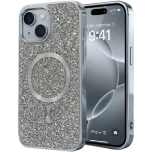 CROWNYX GlamAura Glitter Case for Iphone 15, Magsafe Compatible, Bling Sparkle Shockproof Phone, Bumper Cover, Silver | IP15-MGSF-GA-SIL