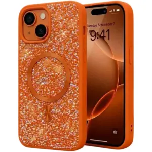 CROWNYX GlamAura Glitter Case for Iphone 15, Magsafe Compatible, Bling Sparkle Shockproof Phone, Bumper Cover, Orange | IP15-MGSF-GA-ORG