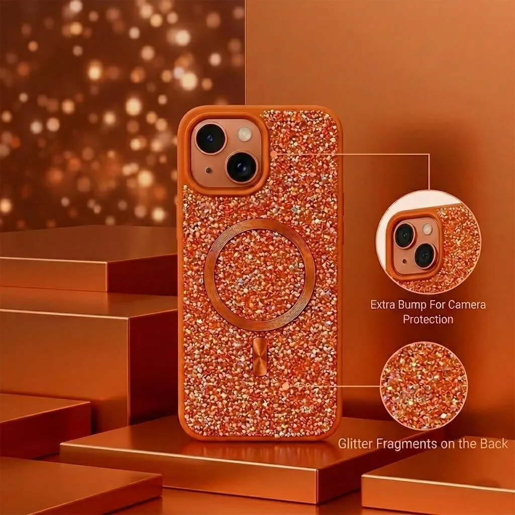 CROWNYX GlamAura Glitter Case for Iphone 15, Magsafe Compatible, Bling Sparkle Shockproof Phone, Bumper Cover, Orange | IP15-MGSF-GA-ORG - Image 3
