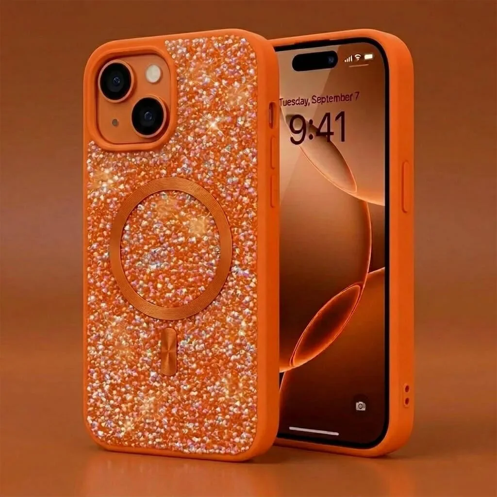 CROWNYX GlamAura Glitter Case for Iphone 15, Magsafe Compatible, Bling Sparkle Shockproof Phone, Bumper Cover, Orange | IP15-MGSF-GA-ORG - Image 4