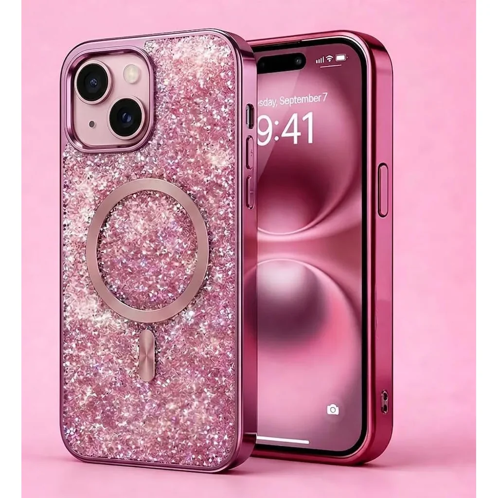 CROWNYX GlamAura Glitter Case for Iphone 15, Magsafe Compatible, Bling Sparkle Shockproof Phone, Bumper Cover, Pink | IP15-MGSF-GA-PNK - Image 5