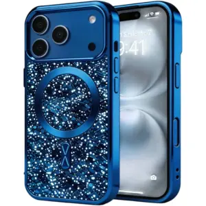 CROWNYX GlamAura Glitter Case for iPhone 17 Pro Max, MagSafe, Shockproof, Blue | IP17PM-MGSF-GA-BLU
